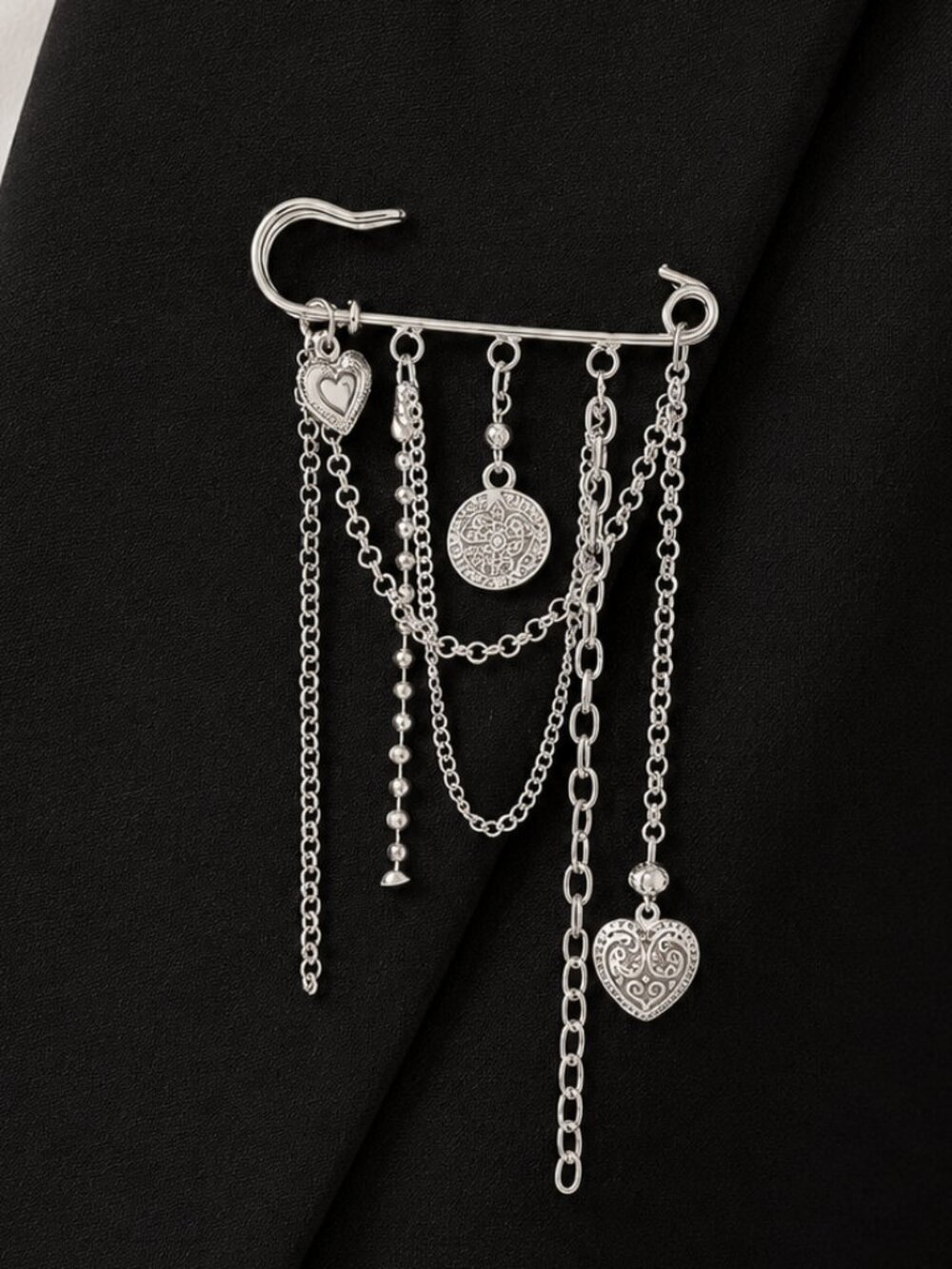 Vintage Style Silver Chain Charm Safety Pin Brooch Y2K